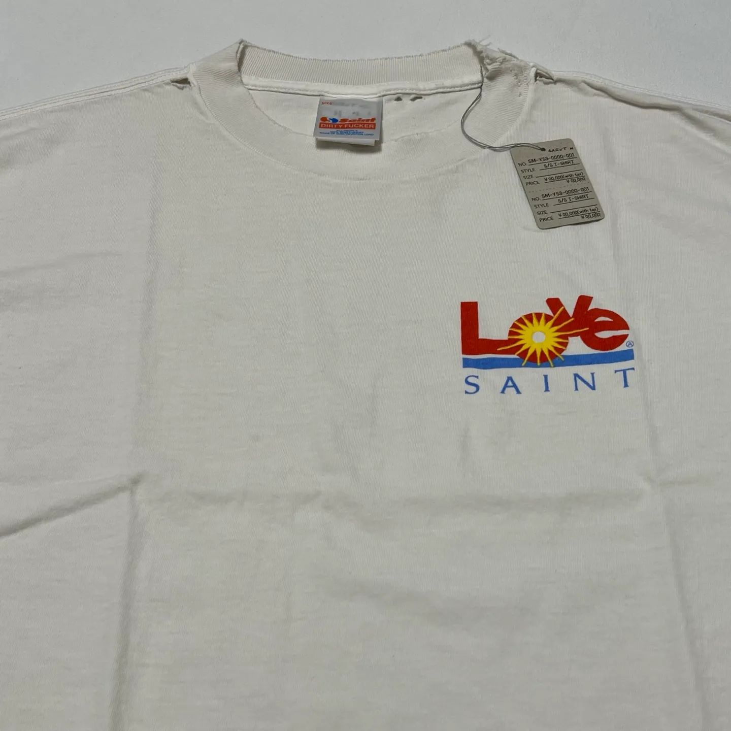 SAINT Mxxxxxx 25SS LOVE_SS TEE/WHT LOVE little sun destroyed washed distressed short sleeves off-white S-XL rainbow OE yarn original version consistent tube woven side seam fabric re-washed distressed craftsmanship of cut and damaged holes hand-made graffiti splashed ink original consistent main mark/wash mark/little angel anti-counterfeiting mark